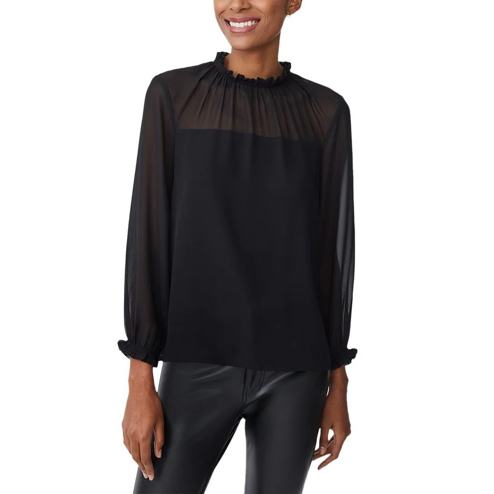 J.McLaughlin Clelia Sheer Yoke Ruffle Neck Blouse Black XL